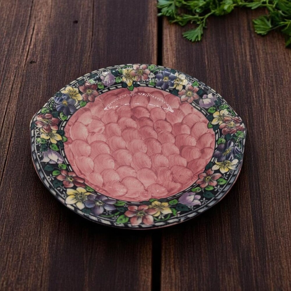 Vintage Maling Clematis Pattern Decorative Bowl With Floral Border And Pink Inte